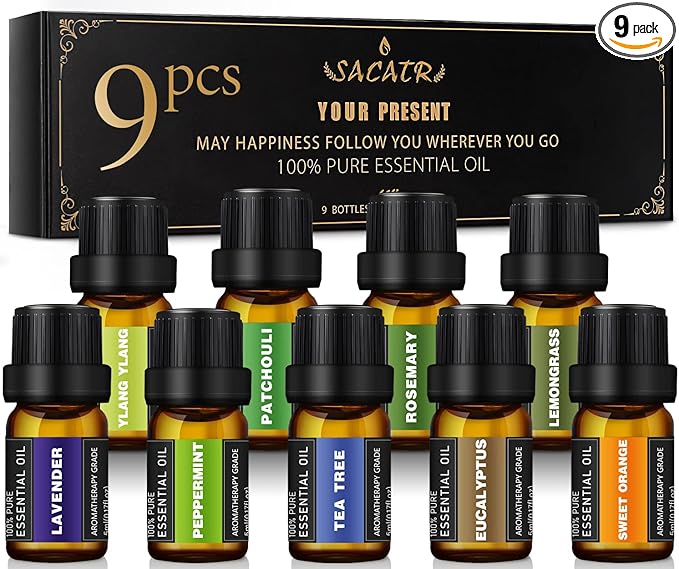 Essential Oils Set -100% Natural Essential Oils -Perfect for Diffusers, Aromatherapy,Humidifiers,Massage,Skin & Hair Care, DIY Candle and Soap Making,9x5 ML(0.17oz