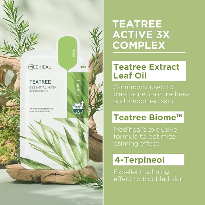 Mediheal Official [Korea's No 1 Sheet Mask] - Tea Tree Essential Blemish Control Mask JUMBO Pack | 30 Masks, 3 x 10 Packs Skin Soothing & Sebum Control Sensitive Oily Korean skin care set