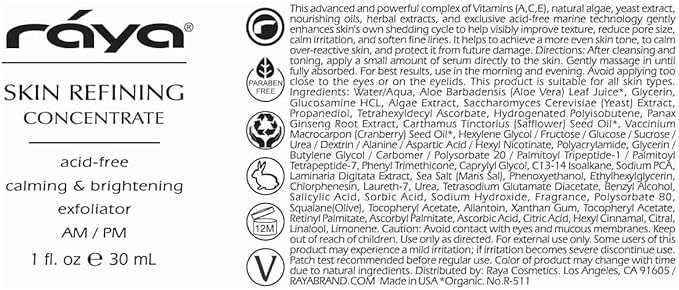 RAYA Skin Refining Concentrate (R-511) | Facial Serum for All Skin Types - Exfoliating, Pore-Minimizing & Complexion-Smoothing | Includes Vitamin C, Antioxidant, Anti Aging & Brightening Serum