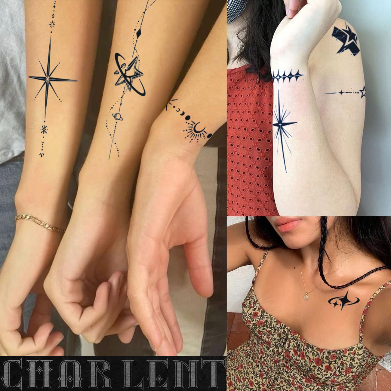 CHARLNET Semi-Permanent Tattoos - 2 Weeks Long Last Stars Tattoos for Women Men Face Neck Body/Fades Naturally/No Reflection/Waterproof