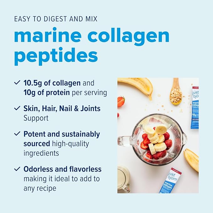 Just Bjorn Marine Collagen Peptide Powder On-The-go Stick Packs (10ct) Marine Collagen Peptide Powder 30 Serving Pouch (11.5 oz) | Skin, Hair, Nail and Joint Support + Hyaluronic Acid