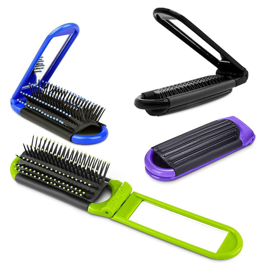 4 Pcs Travel Hair Brush - 4.25x1.49" Folding Hair Brush with Mirror and Flexible Nylon Bristles, Lightweight Travel Comb for Women - 4 Colors Pack, Foldable Hairbrush for Styling on the Go