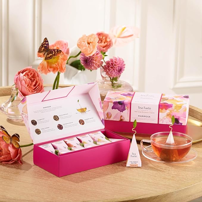 Tea Forte Mariposa Premium Tea Petite Presentation Box Tea Gift Sampler, 10 Count, 1 of Each Variety Individually Wrapped Handcrafted Pyramid Infuser Bags