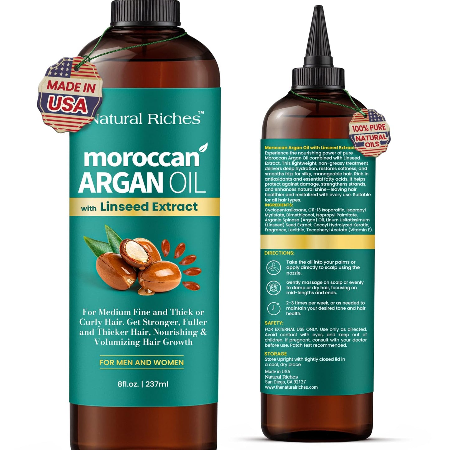 Natural Riches Moroccan Argan Oil with Linseed Extract, Hair Treatment for All Hair Types, Smooths frizz, detangles, conditions and boosts shine 8 Fl Oz