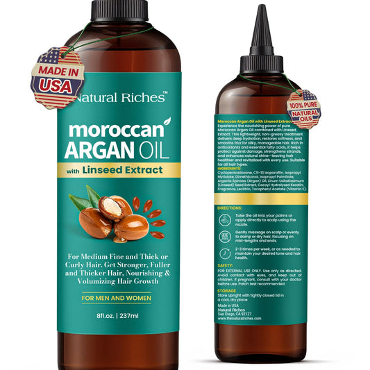Natural Riches Moroccan Argan Oil with Linseed Extract, Hair Treatment for All Hair Types, Smooths frizz, detangles, conditions and boosts shine 8 Fl Oz