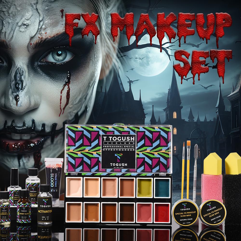 Halloween Makeup Special Effects SFX Makeup Kit 12 Colors FX Palette Face Body Painting with Fake Blood,Scar Wax,Spirit Gum,Castor Sealerm,Extension Oil,for Clown makeup,Zombie