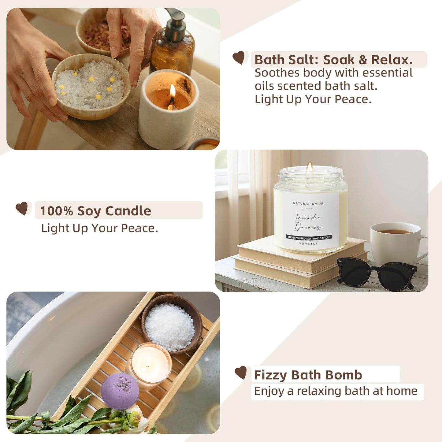 Natural Amor 5-Piece Lavender Spa Gift Set – Bath Bomb, Body Butter, Bar Soap, Bath Salt, Candle – Relaxing Self Care Kit for Women – Gift Box for Birthday, Thank You, Get Well