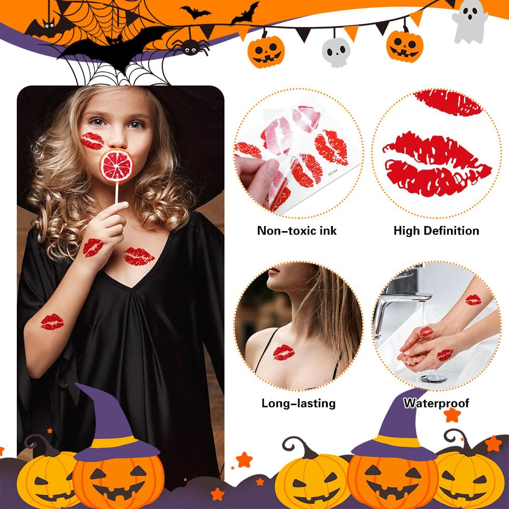 12 Sheets Kiss Tattoos Temporary Stickers, 108 Pcs Red Kiss Lip Print Waterproof Fake Tattoo for Women Girls Kids Face Body Halloween Valentine Gifts, Vampire Makeup, Party Favors, Decorations