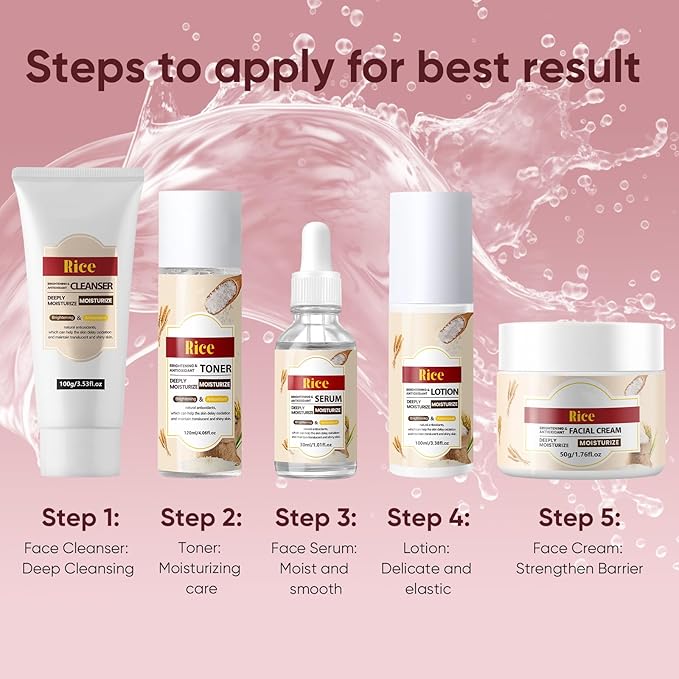 Rice Water Skin Care Set for Women & Men & Teens & Girls, Facial Kit with Cleanser 3.53oz, Toner 4.06oz, Serum 1.01oz, Lotion 3.38oz, Cream 1.76oz, Teenage Rice Moisturizing Travel Skincare Gift Set