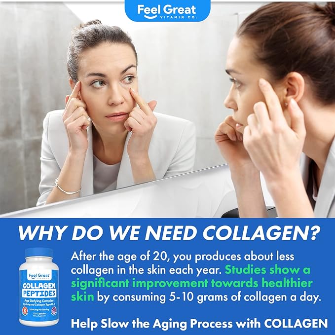 Hydrolyzed Collagen Peptides Powder Capsules (Type I &III) by Feel Great Vitamin Co. | Wheat Free, Keto & Paleo Friendly | Collagen Powder Supplement for Hair, Skin and Nails*