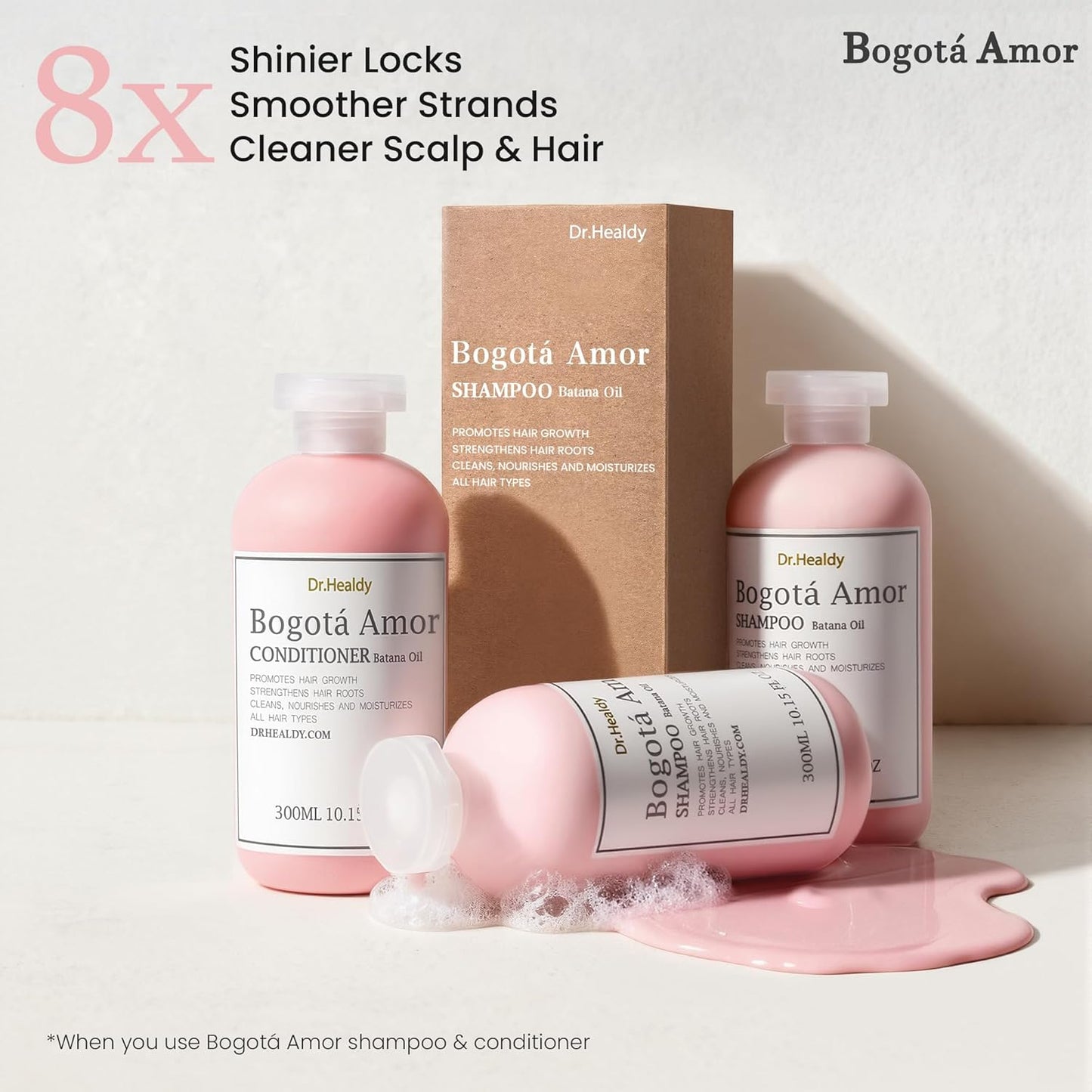 Dr.Healdy Bogota Amor Shampoo and Conditioner Set - Hair Treatment Care Products Color Treated Safe for Curly Fine Hair, Batana Oil, Men & Women Salon Sets for Oily Hair, 10.15 oz Pink - DHBASC