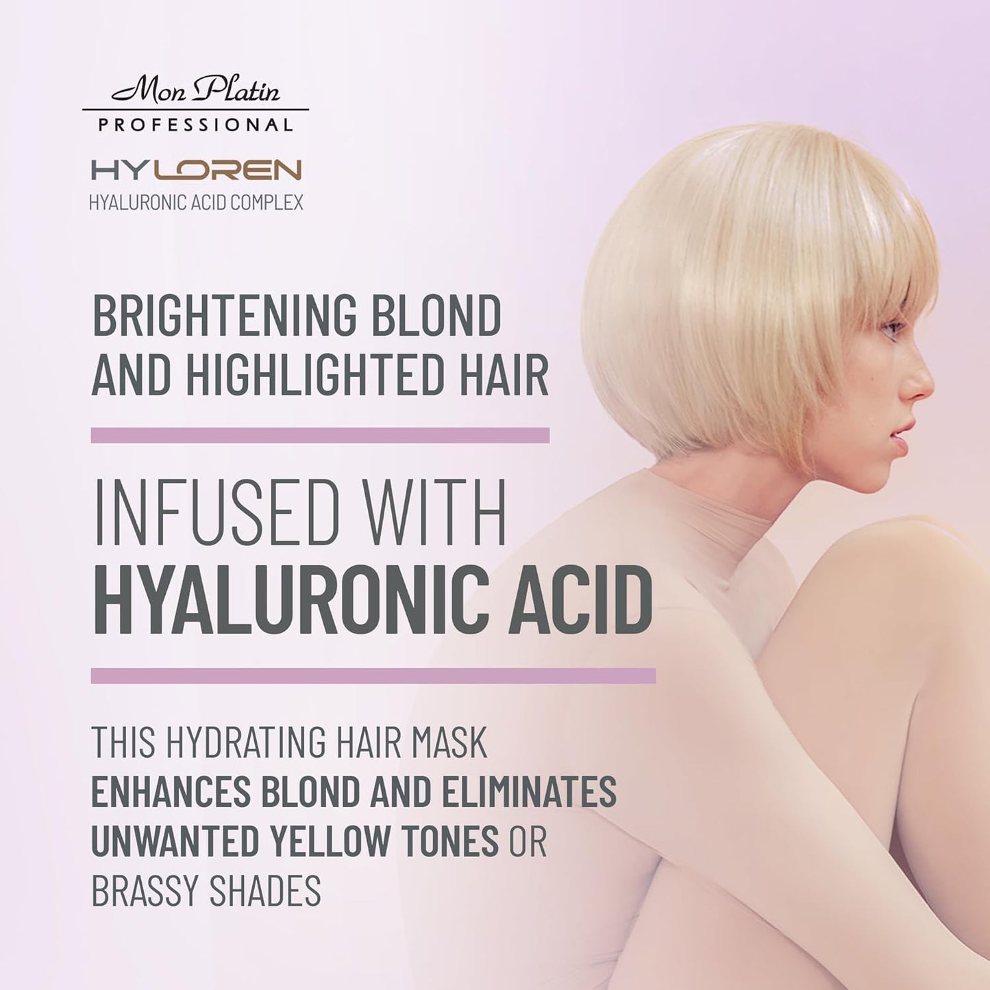 Mon Platin HYLOREN Blonde Highlights Mask with Hyaluronic Acid - 500 ml Premium Blonde Hair Mask to Neutralize Yellow and Orangey Tones - Treatment to Repair, Restore, Soften, and Strengthen Hair