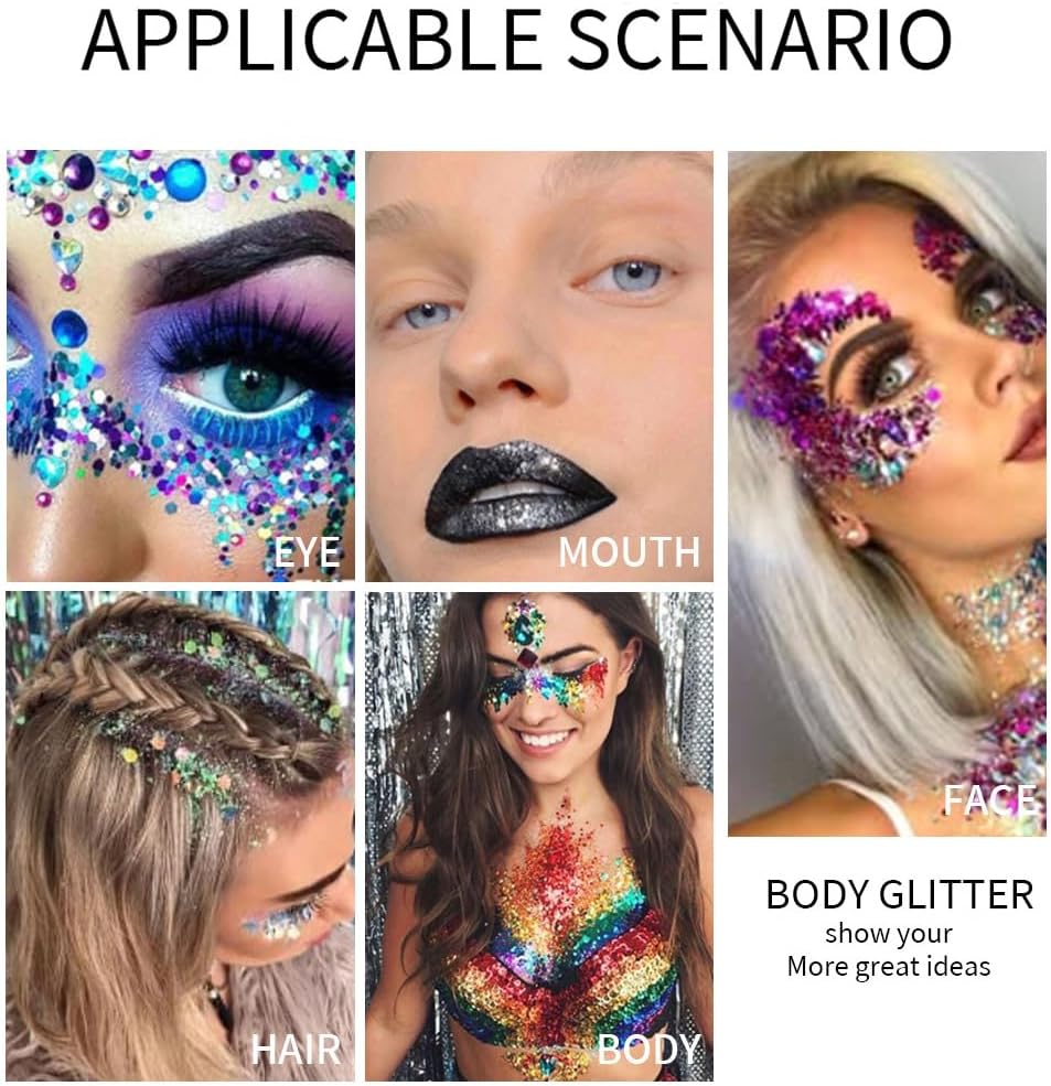 2PCS White Body Face Glitter Gel, Singer Concerts Music Festival Rave Accessories, Mermaid Liquid Holographic Chunky Glitter, Sparkling Lip Eye Nails Hair Body Glitter Makeup