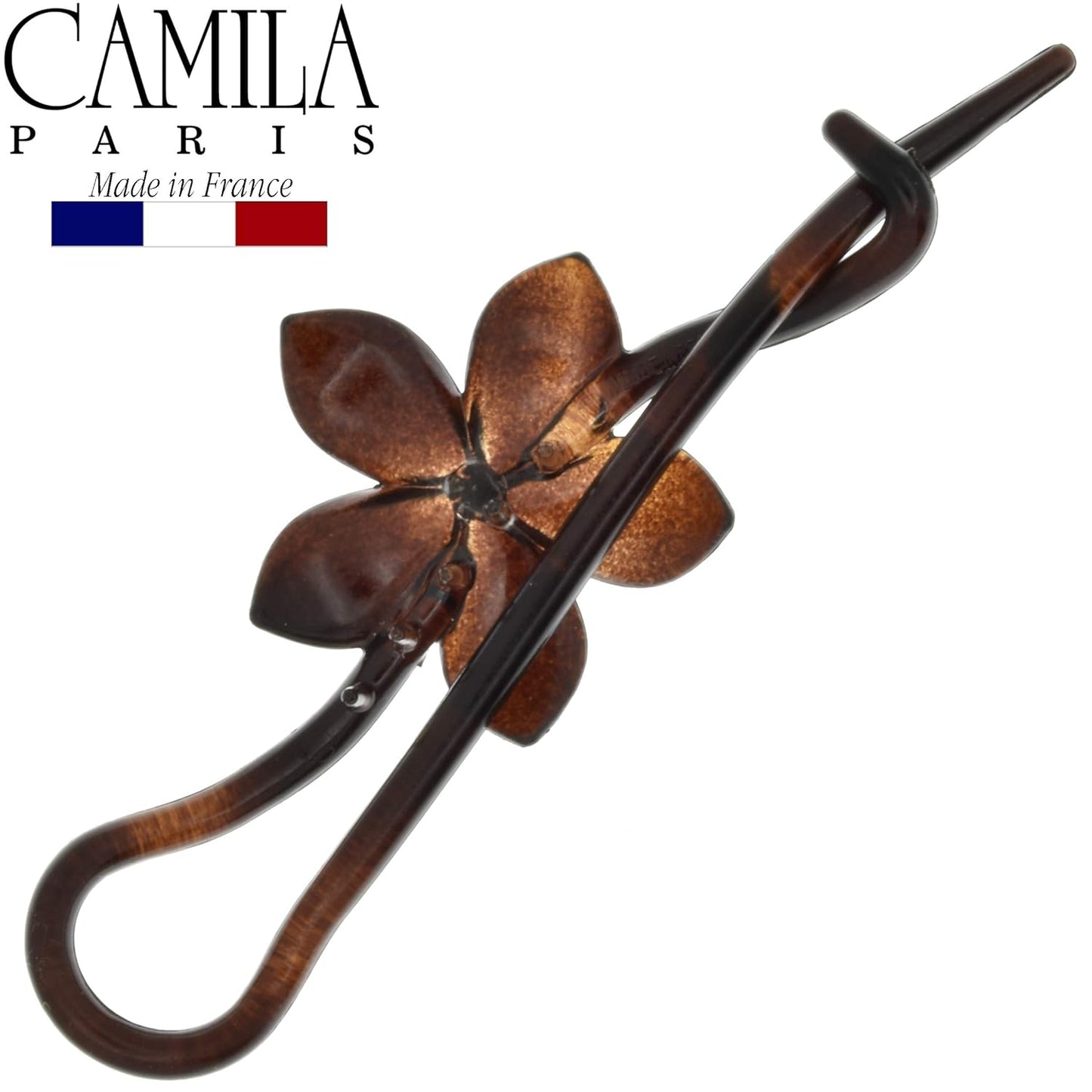 Camila Paris CP1592 French Hair Barrette Pin Clips for Girls, Flower, Tortoise Shell, No Metal Parts, Strong Hold Grip Hair Clips for Women, No Slip Styling Girls Hair Accessories, Made in France