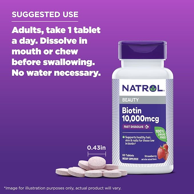 Natrol Biotin 10000mcg, 4x Faster Dissolve Supplement for Healthy Hair, Skin and Nails for Those Low in Biotin, Plus Energy Metabolism Support, 60 Tablets, Up to a 60 Day Supply
