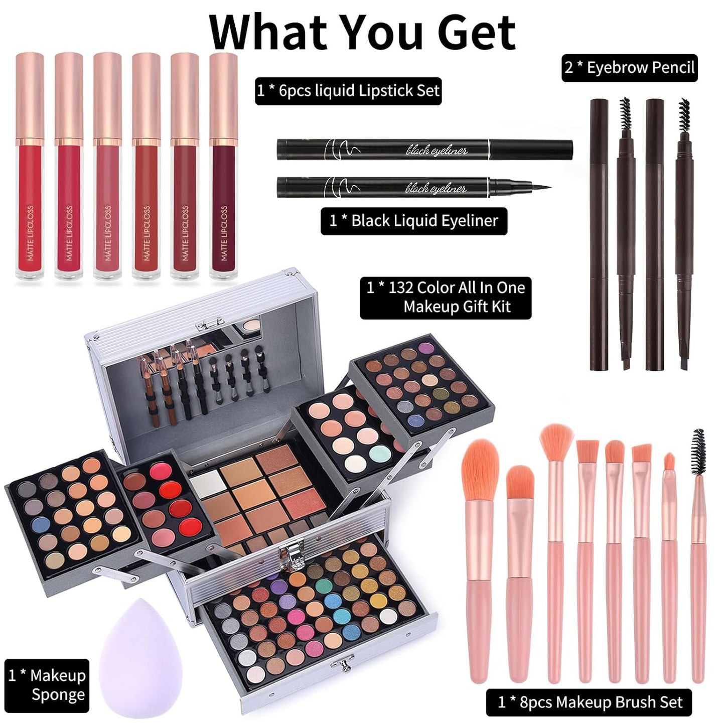 Makeup Gift Set For Women Girls, All in One Full Makeup Kit with Eyeshadow, Lip Gloss, Concealer, Blush, Contour, Highlighter Face Brushes Liquid Lipsticks Eyebrow Pen Mascara Eyeliner Pencil Sponge