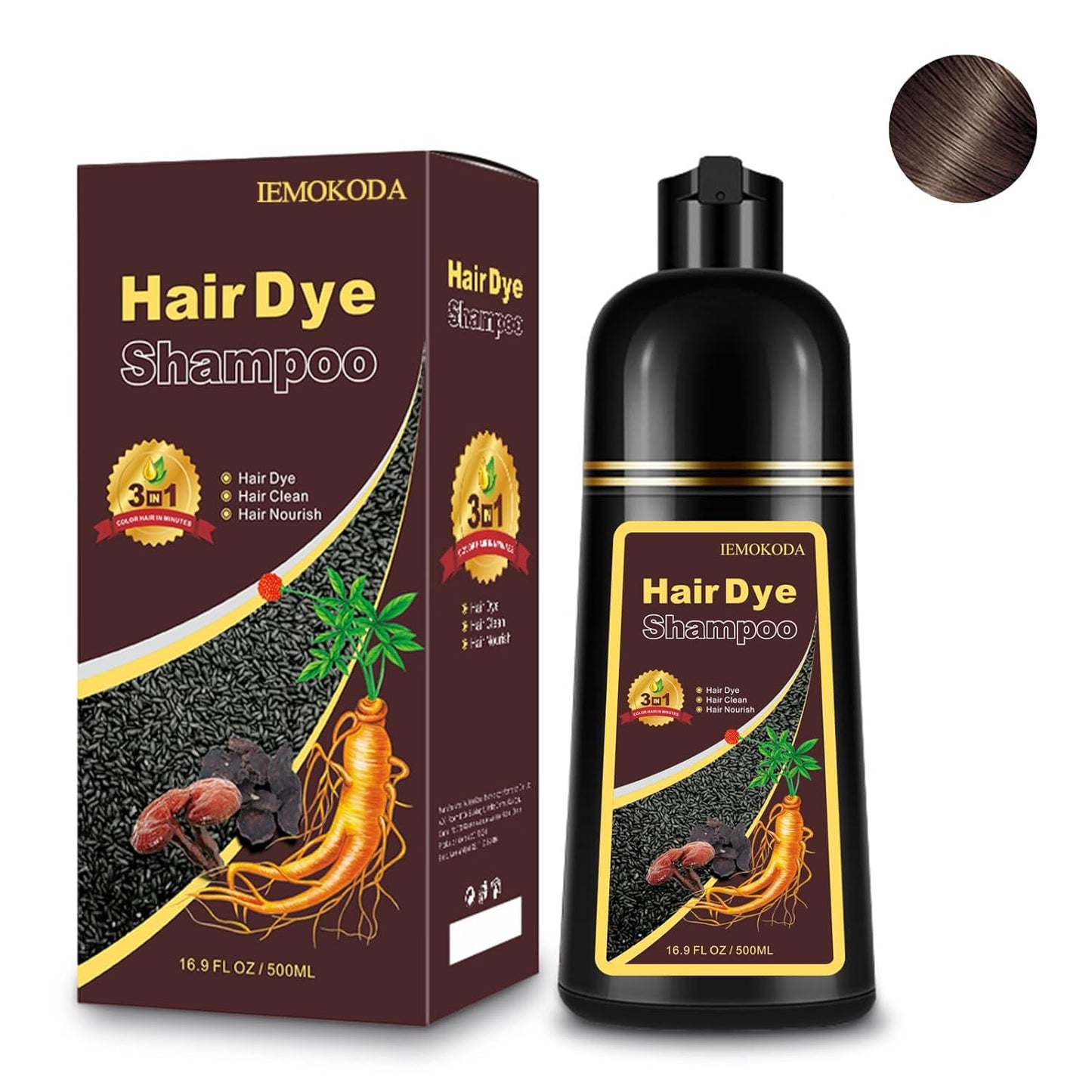 Chestnut Brown Hair Dye Shampoo 3-in-1, Instant Natural Hair Color Dye Shampoo for Women Men Maroon, Root Touch Up & 3-4 Weeks Lasting & Easy to Use & for All Hair Types, 500ml
