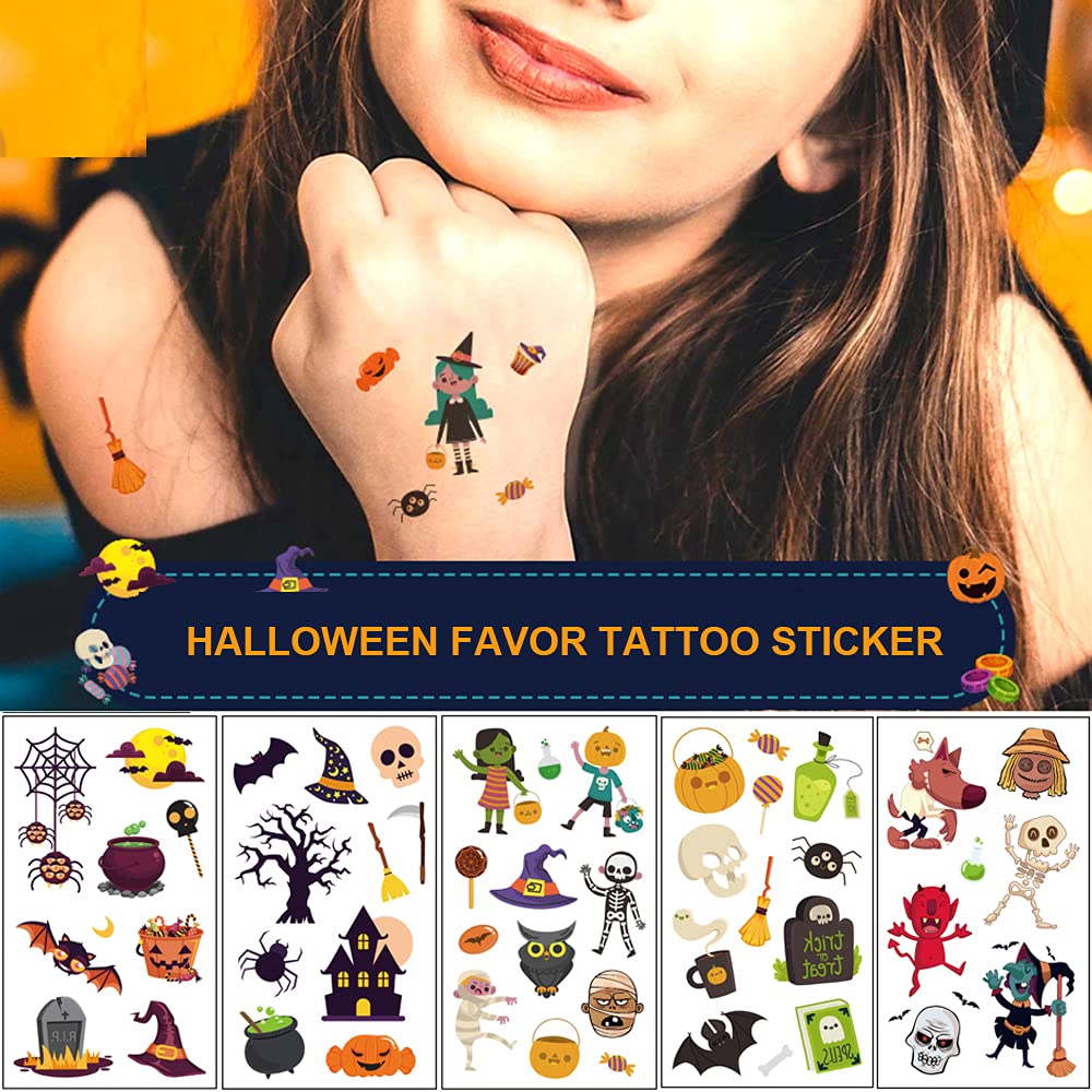 Halloween Temporary Tattoos for Kids, 120 PCS Halloween Prizes Assorted Goodies Party Favor Gifts for Boys Girls Bag Stuffers, Cartoon Pumpkin Witch Fake Tattoo Stickers Decorations Face Makeup Adults