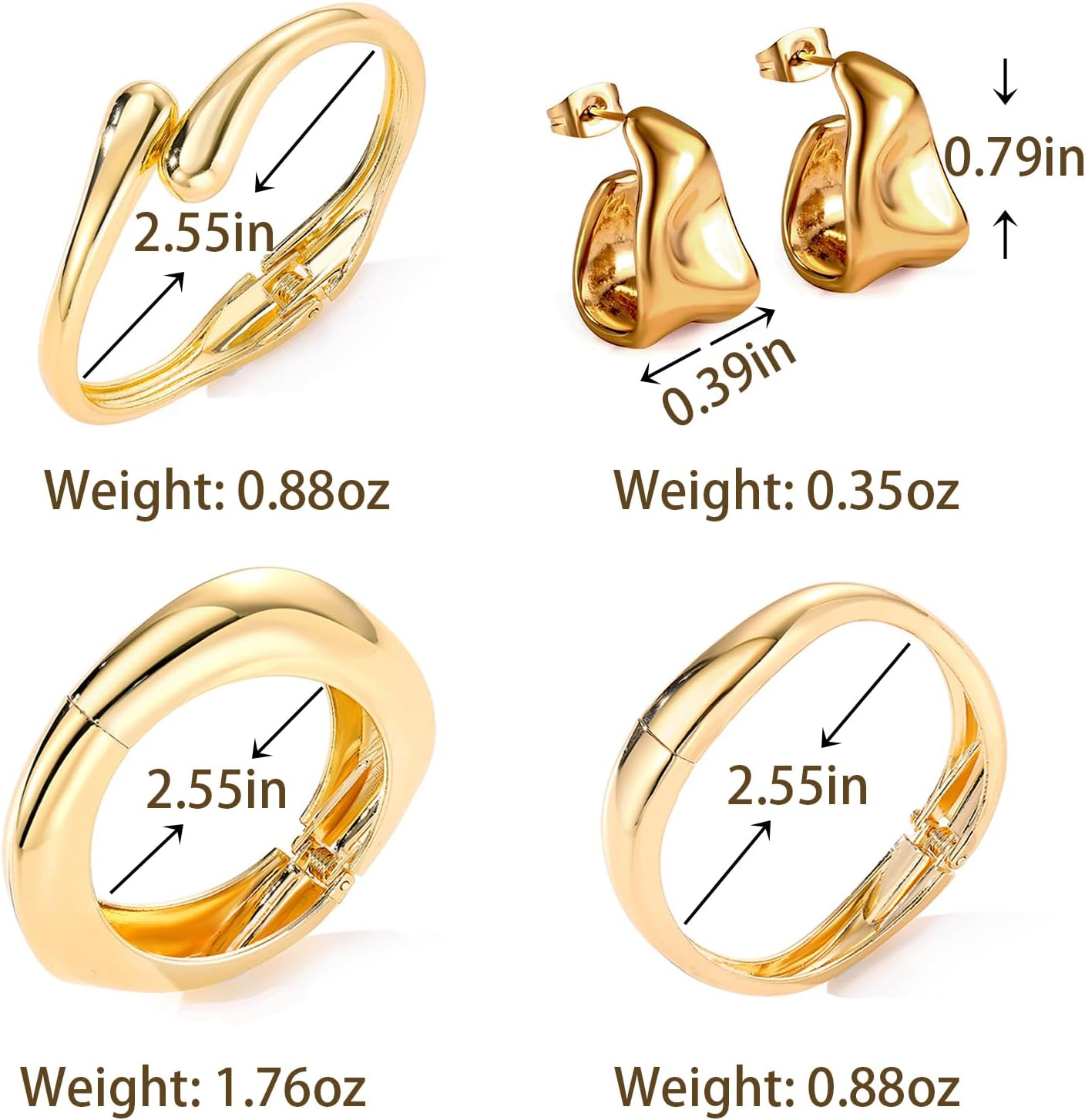 Chunky Gold Bangles Bracelets Earrings Set For Women, Statement Coordination of Twisted Hinged Stackable Bangle Bracelet and Chunky Earrings, Ideal Jewelry Gifts 18K Gold Plated