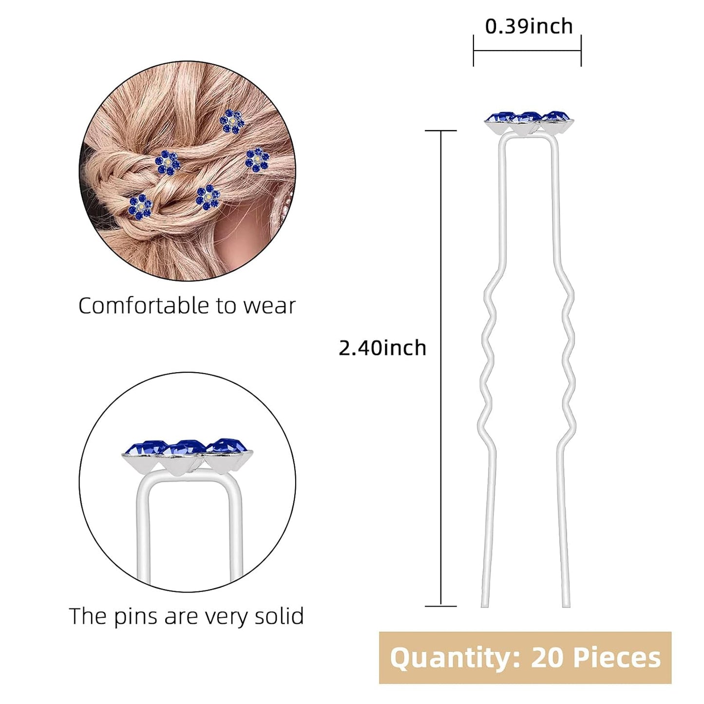20 Pack (Navy) Crystal Flower Hair Pins Rhinestone Hair Clips for Bridal Wedding Women Hair Jewelry Accessories, with Clear Container