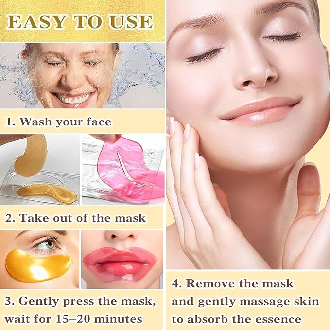 Gold Eye Mask And Pink Lip Mask,Natural Gel Eye Masks,Under Eye Gel Patches for Dark Circles,Eye Mask for Puffy Eyes,10 Pairs Gold Eye Mask And 10 Pcs Pink Lip Mask