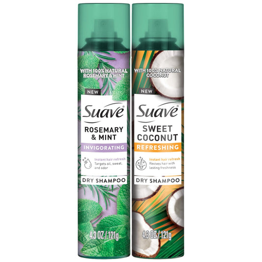 Suave+ Dry Shampoo Spray Variety 2-Pack – Invigorating Rosemary & Mint, Refreshing Sweet Coconut, 4.3 Oz Ea