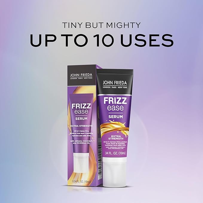 John Frieda Anti Frizz, Frizz Ease Extra Strength Hair Serum with Argan Oil, Anti-Humidity Spray for Hair, Nourishing Treatment for Thick, Coarse Hair, Travel Size, 0.34 Oz/Pack of 24