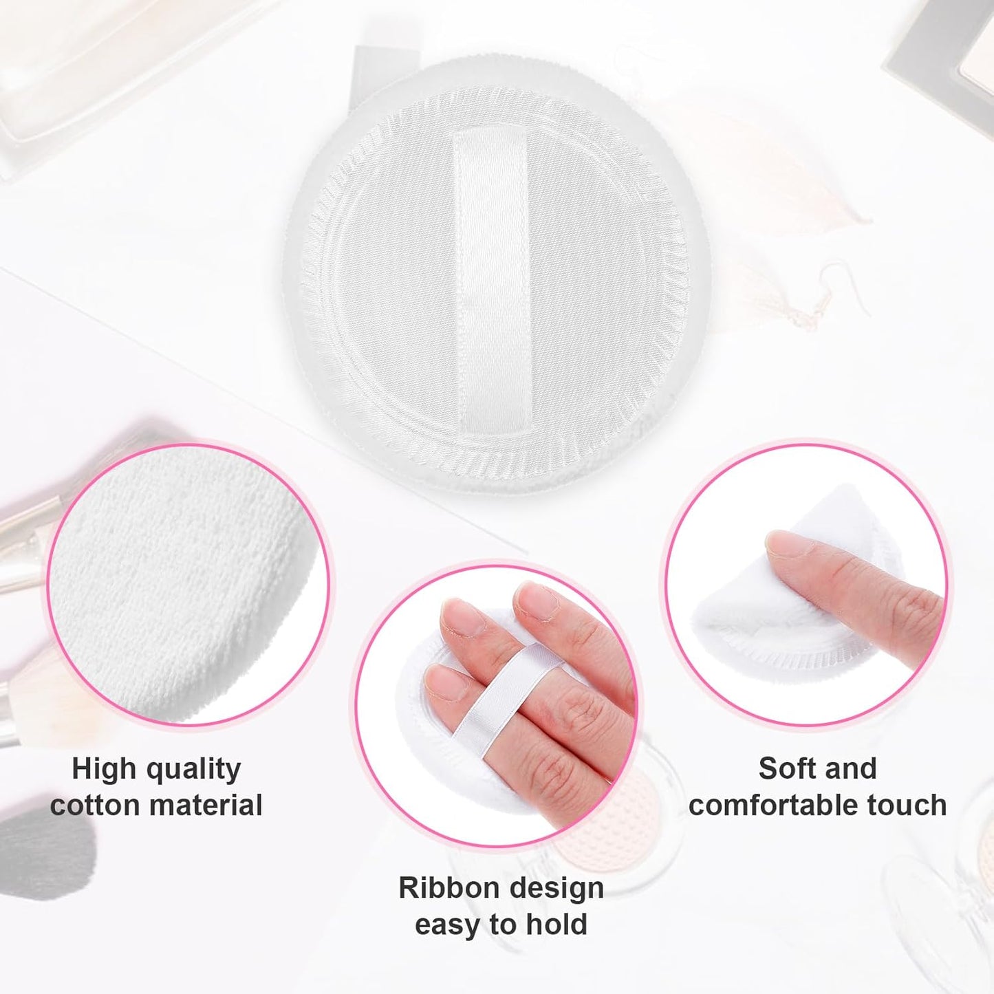 100% Cotton Powder Puff, 10 Pcs Makeup Powder Puff for Face Powder, 2.36 inch Cosmetic Puffs Pads with Ribbon for Loose and Foundation(White)