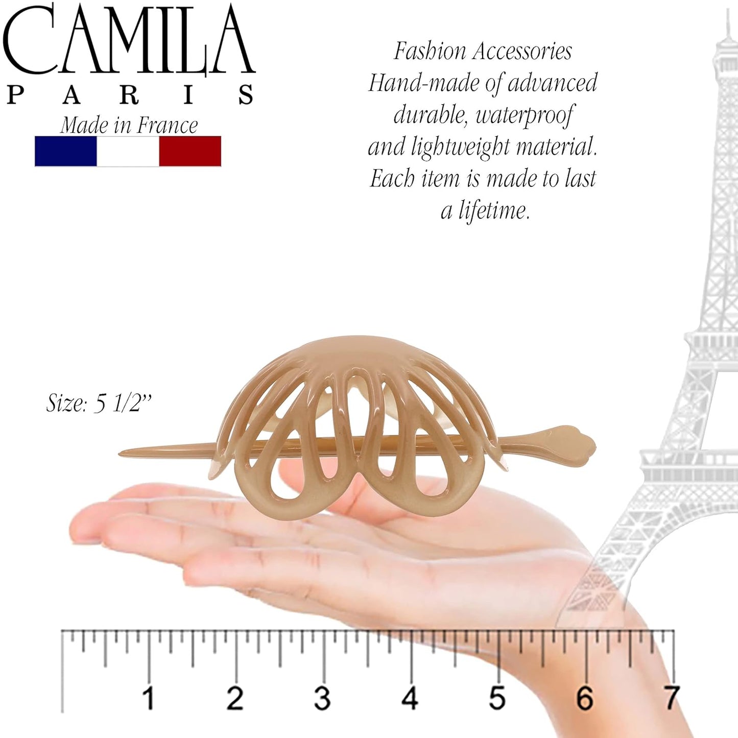 Camila Paris CP3143 French Hair Bun Clip Maker Cover Cap Holder, Beige, Round Dome Bun Hair Clip for Women Hair Updo, Styling Hair Bun Accessories for Women, No Slip and Durable, Made in France