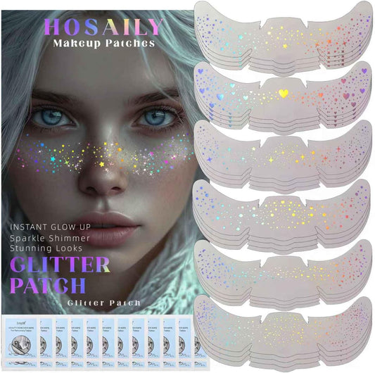 24 pcs Holographic Multichrome Glitter Freckles Face Tattoo, Waterproof Sparkle Face Glitter Speckles Patches for Women, Cute Star Glitter Temporary Tattoo Makeup Accessories for Festival Rave