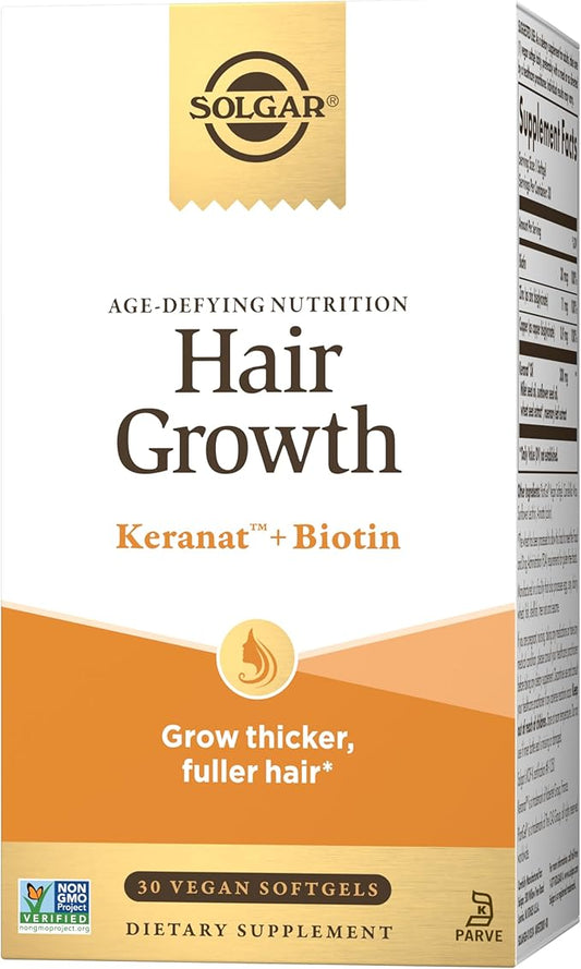 Solgar Hair Growth Age-Defying Nutrition For Men & Women—Thicker Fuller Hair Growth with Keranat Oil, Biotin, Zinc and Copper - One Softgel Daily, Vegan, Dairy, Soy and Gluten Free, 30 Servings