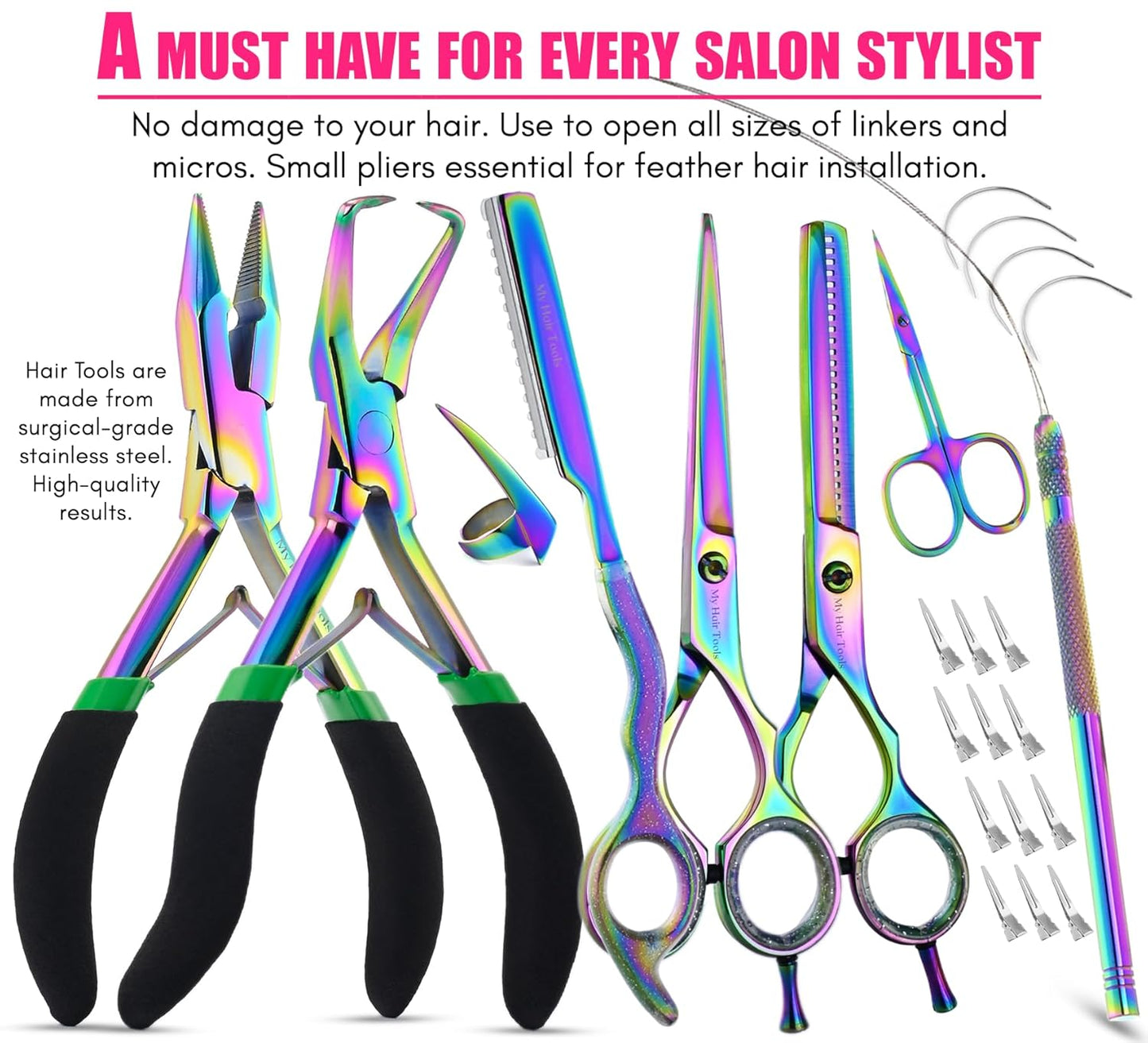 My Hair Tools Professional Hair Extension Tools Kit Includes Micro Link Beads Remover & Crimp Pliers Set, Hair Cutting & Styling Scissors Set, Hair Parting Tool, Hair Extensions Loop Tool (Rainbow)