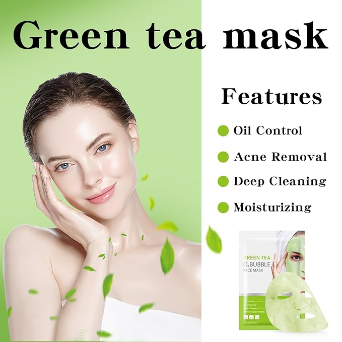 IREV 10 Pack Green Tea O2 Bubble Face Masks Sheet, Bubble Facial Mask, Foaming Face Mask, Purifying Facial Mask for Acne and Pores, Moisturizing Spa Face Masks Skincare, Brightening Beauty Masks