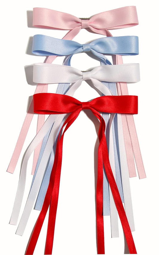 Women's Hair Clips with Tassels, Ribbon Bowknot & Long Tails - 4pcs Barrettes Claw Clips with Bows (Pink, Light Blue, White, Red)