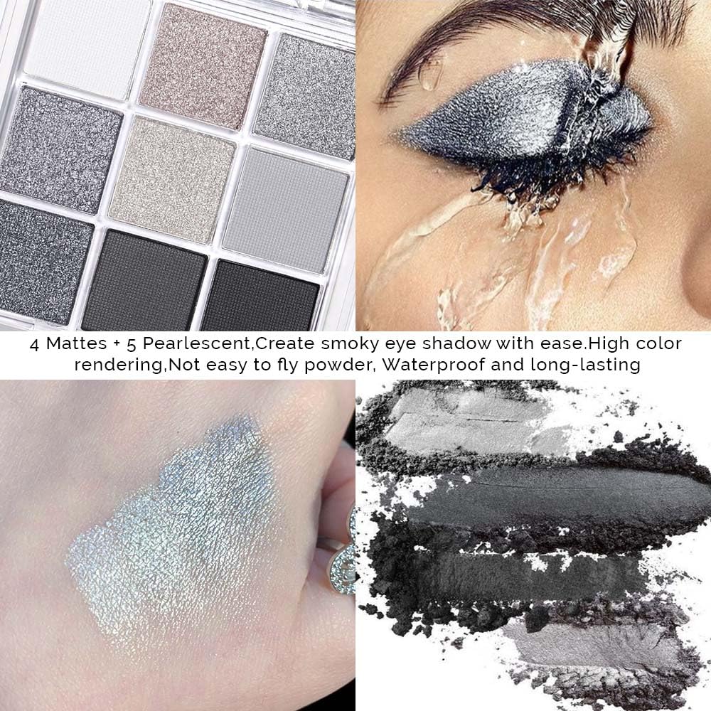 evpct 9 Colors Silver Gray Glitter Eyeshadow Palette, Black Smokey Grey and Silver White Sparkle Glitter Shimmer Shiny Eye Shadow Palette Makeup kit for older Women, High Pigment Waterproof eyeshadow