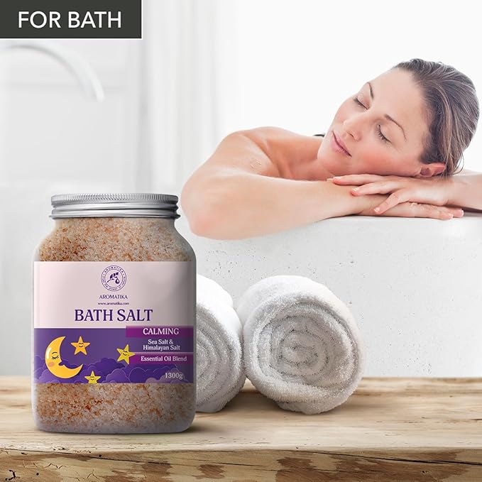 Calming Bath Salts 46 Oz - 1300g - w/Sandalwood & Lavender & Bergamot Essential Oils - Natural Bath Sea Salts 1.3 kg - Good Sleep - Relaxing - Body Care - Beauty - Aromatherapy