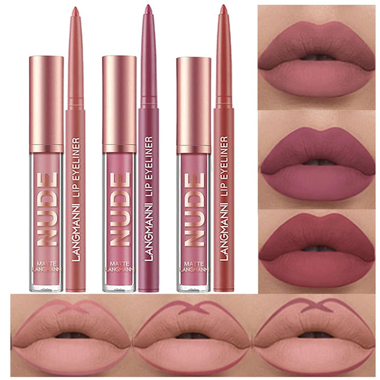 BestLand 6Pcs Matte Liquid Lipstick and Lip Liner Set, Non-Stick Cup Not Fade Waterproof 24 Hour Lip Gloss Nude Brown Lip Liner Pencil for Women, labiales mate 24 horas originales (Set C)
