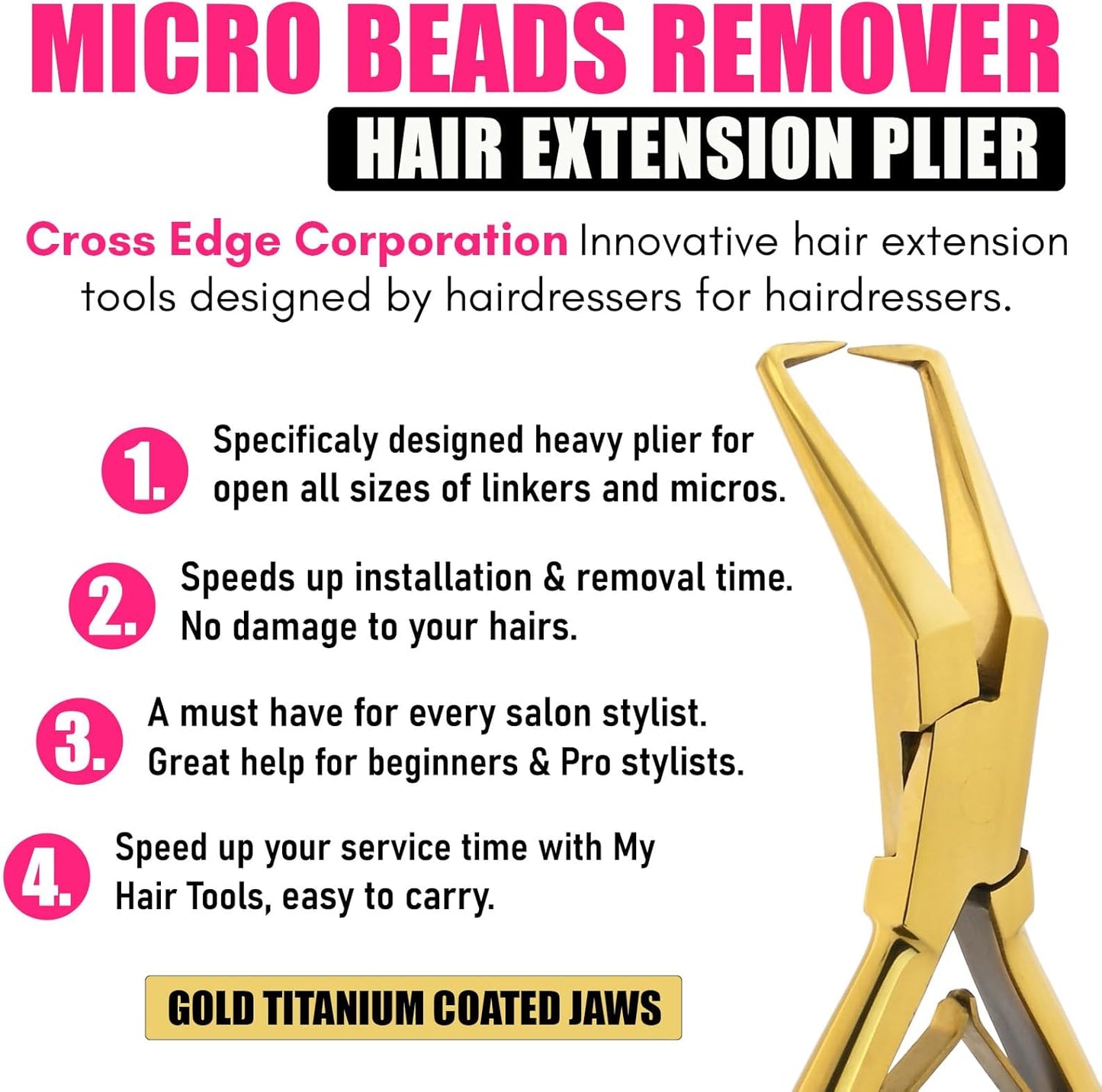 Hair Extension Pliers Compact Micro Beads & Tape in Hair Extension Remover Plier 5.5 Inch Stainless Steel microlink Beads Human Hair Extensions Tools (Gold)