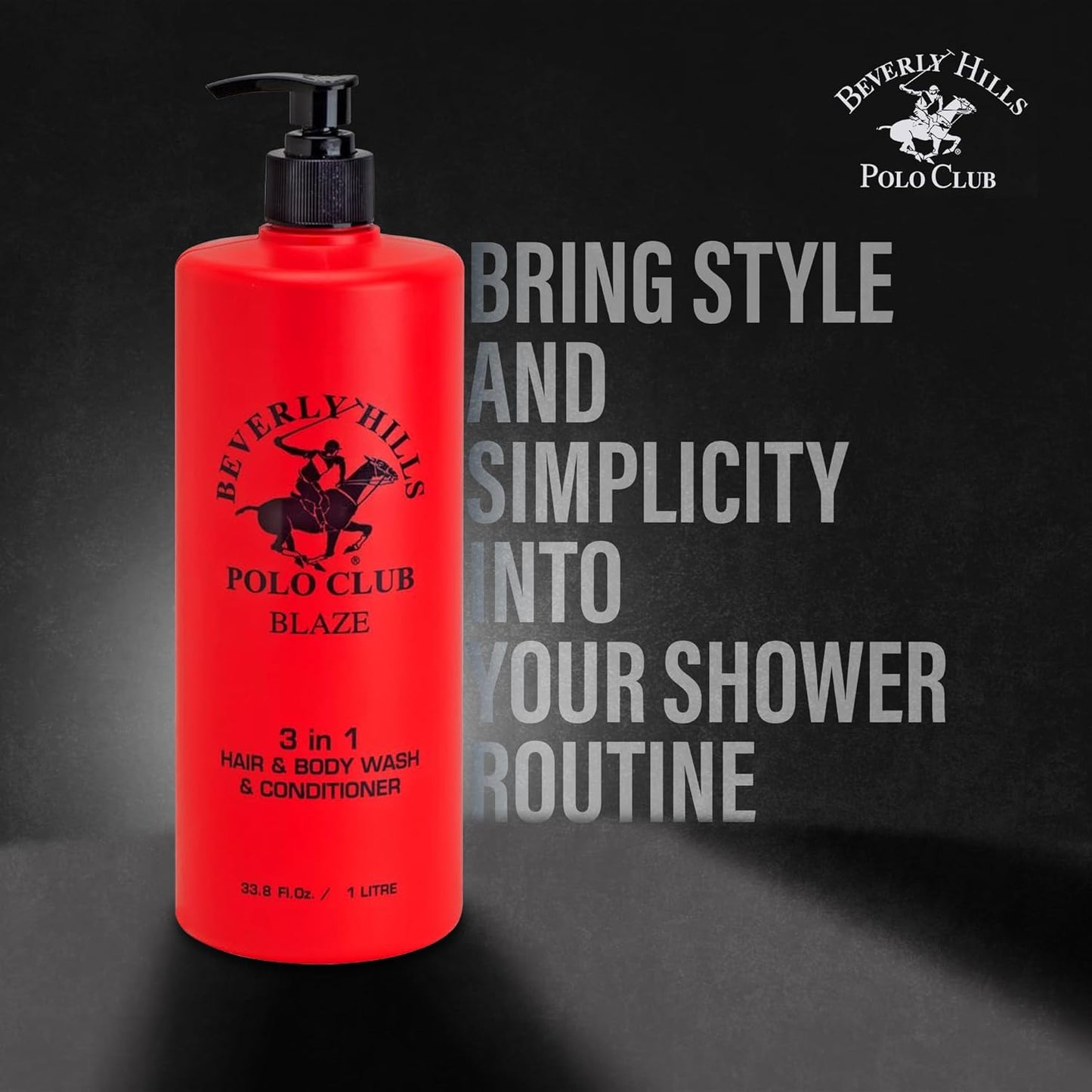 Beverly Hills Polo Club Men's 3-in-1 Shampoo Conditioner Body Wash | Blaze Scent | Premium All-Day Freshness & Invigorating Luxury Grooming | Large 33.8 fl oz Bottle