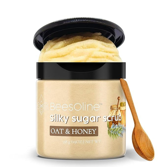 Sugar Scrub by BeesOline - Premium Fine Cane Sugar | OAT& & HONEY - Extra Large 20 oz, Convienent Flip-Top Lid, Organic Sunflower Oil & EXTRA VIRGIN COCONUT OIL for Smooth Gentle Exfoliation
