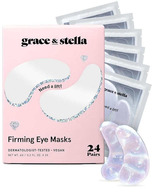 grace & stella Under Eye Patches with Peptides & Rice Extract - Firming Eye Masks for Dark Circles and Puffiness - Iridescent Eye Mask Patches for Firmer-Looking Skin - Vegan, Cruelty-Free, 24 Pairs