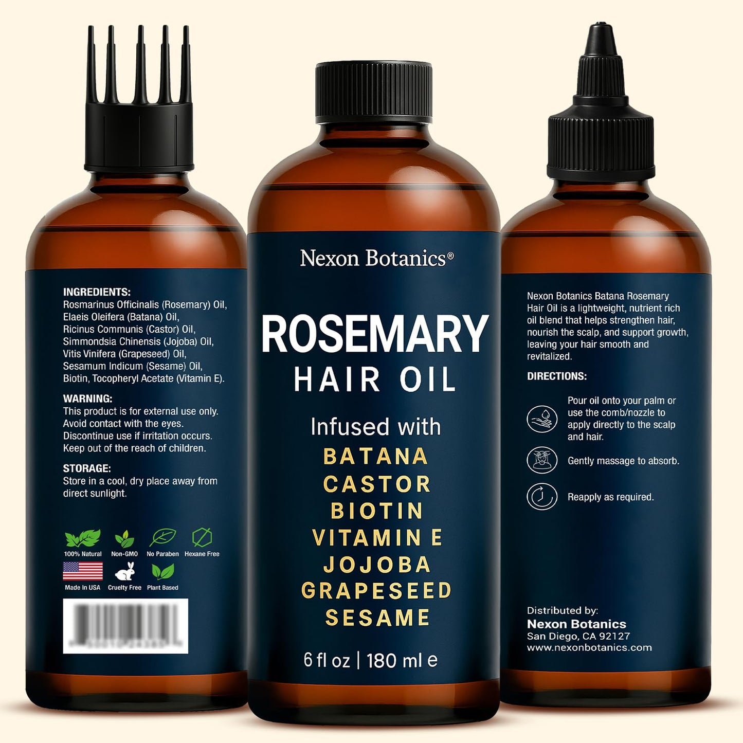 Rosemary Oil for Hair Growth 6 fl oz - Natural Scalp and Hair Oil with Batana, Castor, Biotin, Vitamin E, Grapeseed, Jojoba, Sesame - Aceite de Romero y Batana - Nexon Botanics