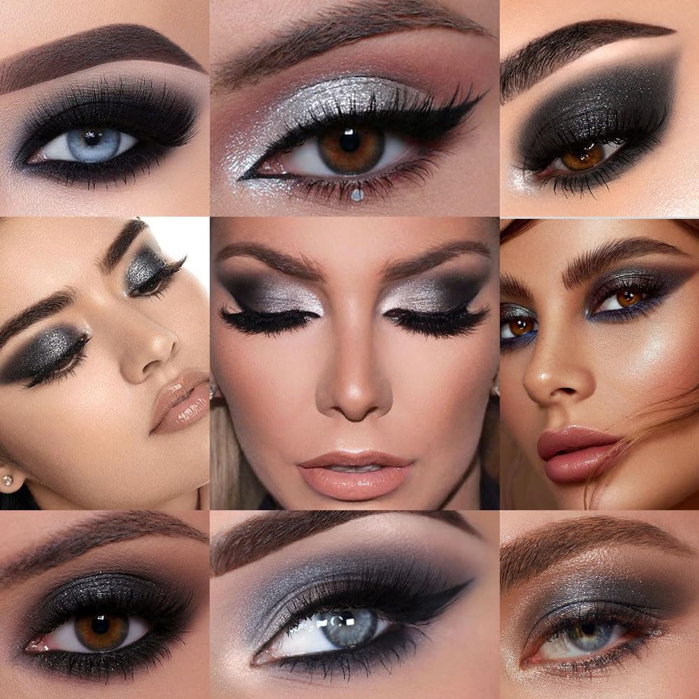 evpct 9 Colors Silver Gray Glitter Eyeshadow Palette, Black Smokey Grey and Silver White Sparkle Glitter Shimmer Shiny Eye Shadow Palette Makeup for older Women, Goth Gothic Highly Pigmented Eyeshadow