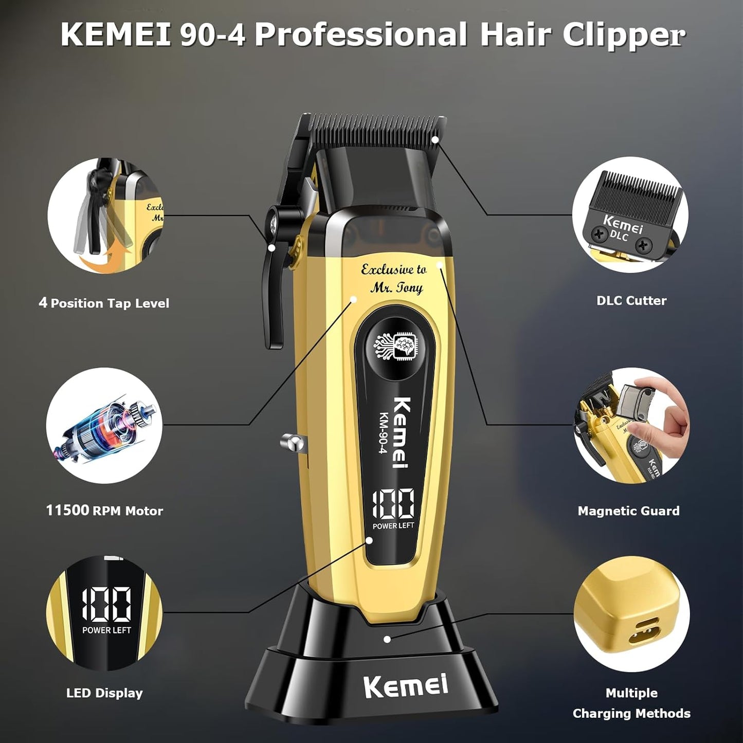 KEMEI 90-4 Professional Hair Clippers for Men, 11500 RPM Barber Clippers with LED Display, Cordless Hair Trimmer with DLC Blade & Charging Base, 2000 mAh Hair Clipper for Barbers Haircut Kit