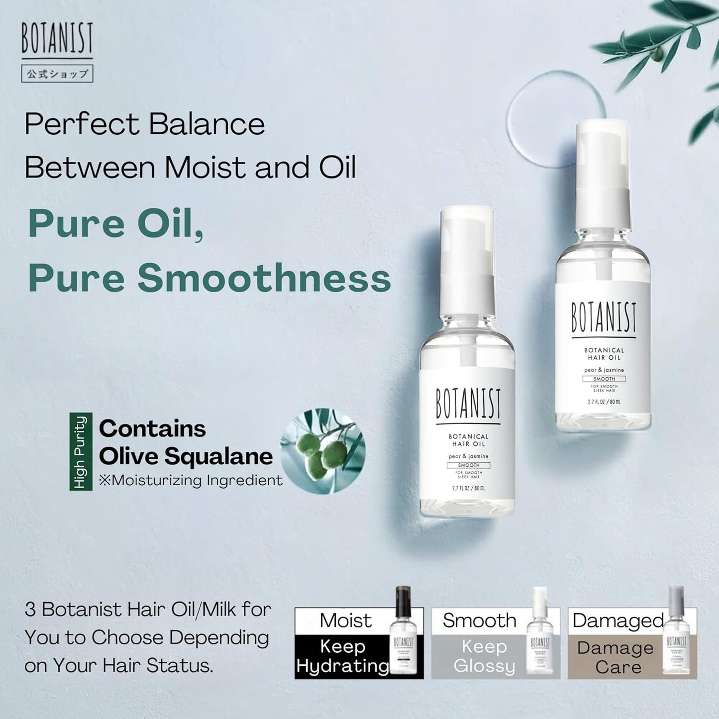 Botanist Natural Hair Oil for Frizzy Hair, Organic Hair Oil for Women, HAIR OIL Spray for Men with Jojoba Oil, Protein, Organics Extract & Squalane, Hair Scalp Oil from Japan 2.7 Fl Oz Pear & Jasmine