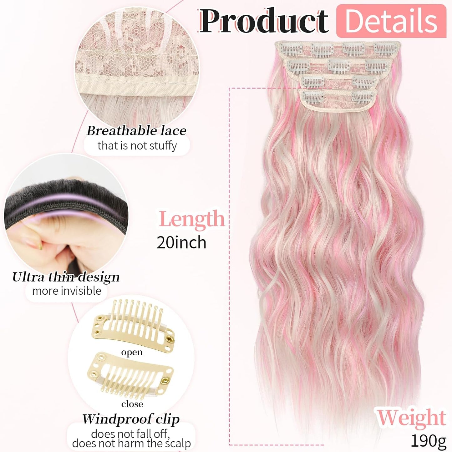 KooKaStyle Clip in Synthetic Hair Extensions Long Wavy 4PCS Thick Hairpieces Blonde with Pink Highlight Fiber Double Weft Natural Hair Extensions 20 Inch for Women