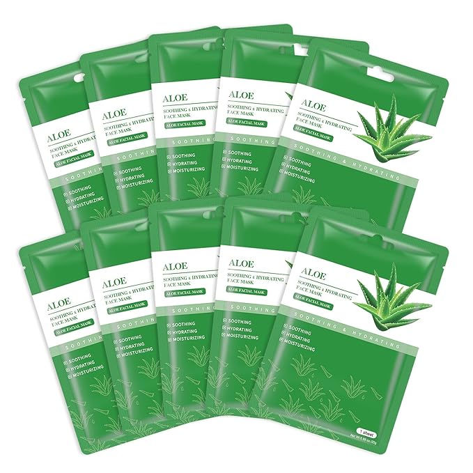 Aloe Vera Soothing Mask Hydrating Face Masks Skincare Moisturizing Facial Sheet Mask Skin Care for Dry, Oily, Sensitive Skin Face Mask for Acne, Sun Care, Refreshing, 10 Pack (Aloe Vera Face Mask)