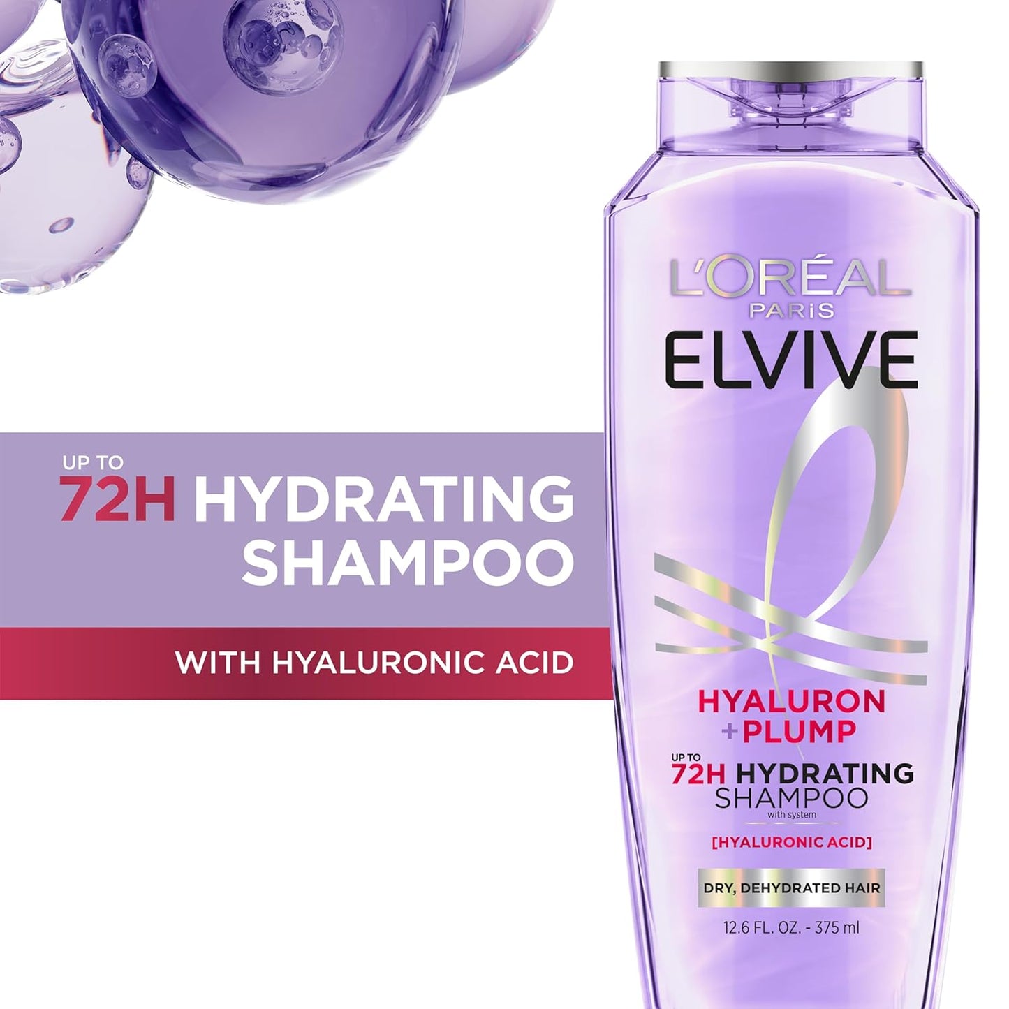 L'Oreal Paris Elvive Hyaluron Plump Hydrating Shampoo for Dehydrated, Dry Hair Infused with Hyaluronic Acid Care Complex, Paraben-Free, 12.6 Fl Oz