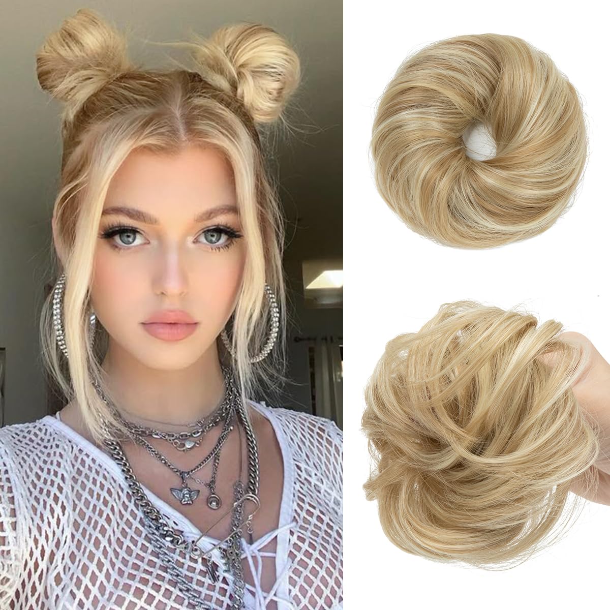 CJL HAIR 2PCs Small Cute Messy Bun Hair Piece for Thin Hair Women Mini Synthetic Curly Bun Scrunchies Updo Hairpieces Dirty Blonde