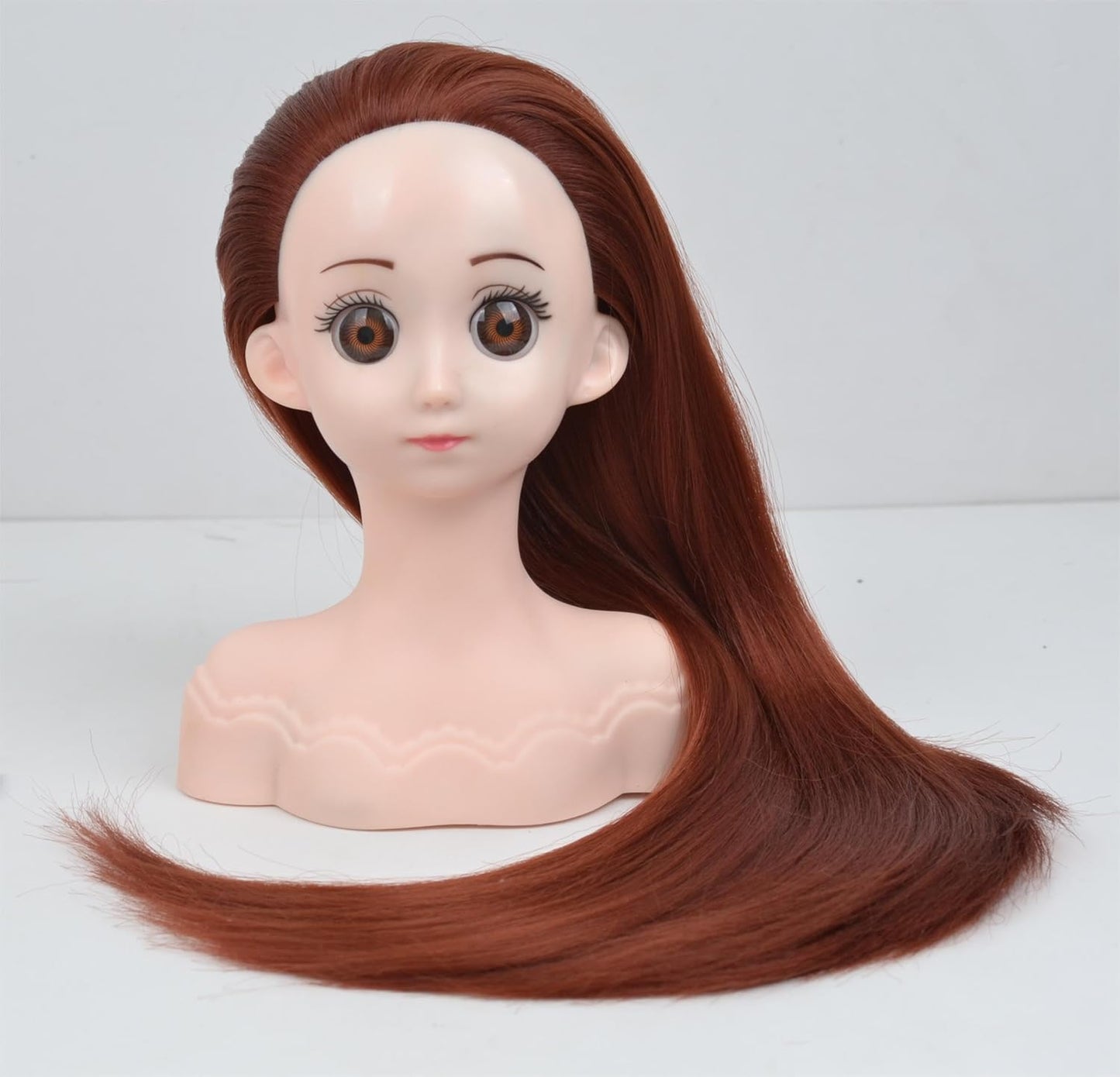 Small Doll Head For Hair Styling,Mini Synthetic Mannequin Head,Doll Head With Clamp Holder & Tools, Practice Doll Head For Hair Braiding,Styling and Cutting with Two Bows (Dark Brown)